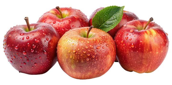 A fresh group of ripe red and yellow apples with water droplets isolated on transparent background