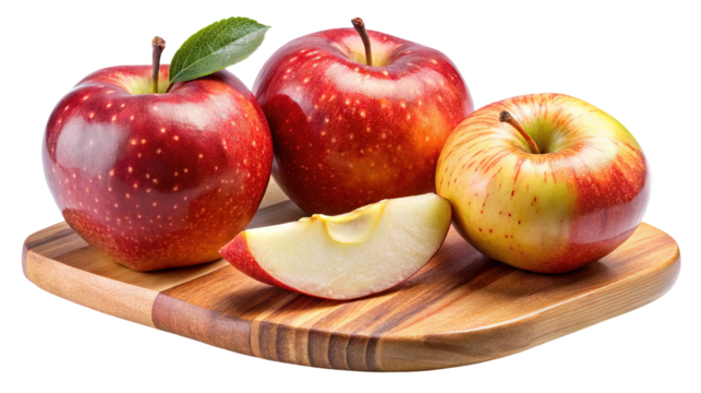 Three ripe red apples and a single apple slice arranged on a wooden board isolated on transparent background