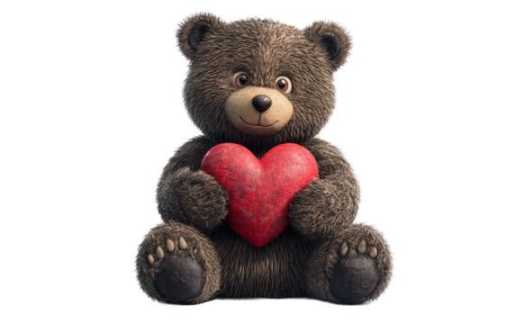 Soft and cuddly teddy bear posed in a seated position while gently holding a large red heart that symbolizes warmth and love isolated on transparent background PNG