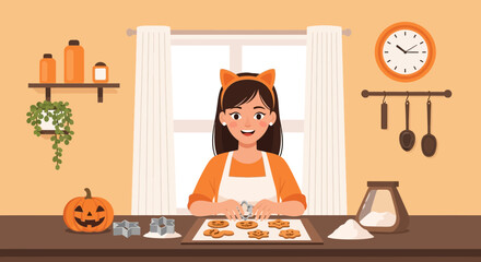 Halloween Baking With Young Woman Wearing Cat Ears Headband In Kitchen