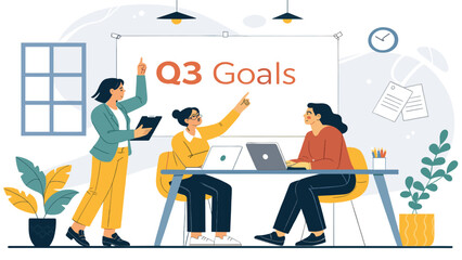 Three businesswomen collaborating on Q3 goals, perfect for presentations on teamwork and strategy.