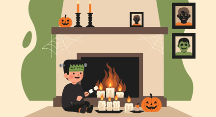 Halloween Evening Scene With Little Frankenstein Roasting Marshmallows Indoors