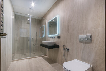 The elegant bathroom is decorated in pastel colors, with a modern shower and stylish lighting.