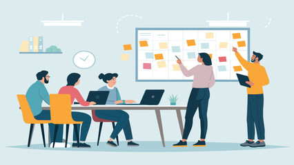 Fototapeta premium Team brainstorming session with sticky notes on a whiteboard, perfect for project management or teamwork landing pages.