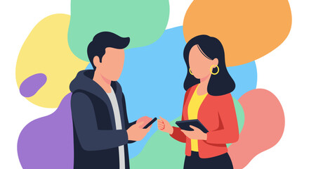 Two faceless individuals exchanging information using digital devices, ideal for website banners or presentations.