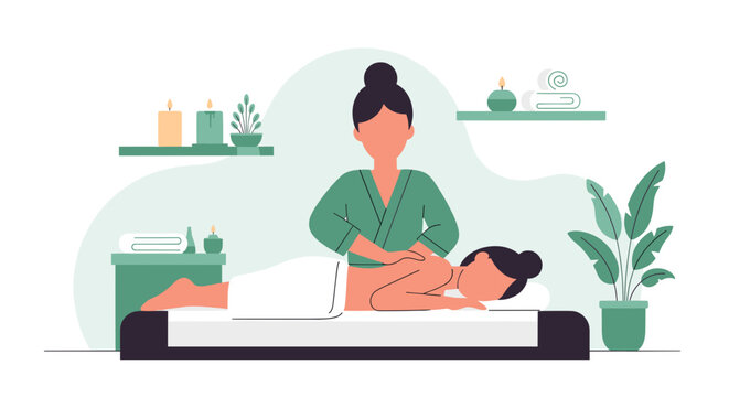 Spa massage illustration for wellness brochures and websites.  Relaxing back massage scene.