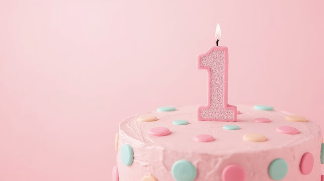 Cute first birthday cake with pink frosting, pastel candy dots, and a lit white number one candle