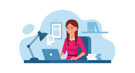 Happy businesswoman working on laptop in office. Perfect for website banners, brochures, and business presentations.