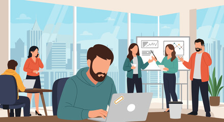 Modern business team collaborating in a stylish office, perfect for website banners or presentations.