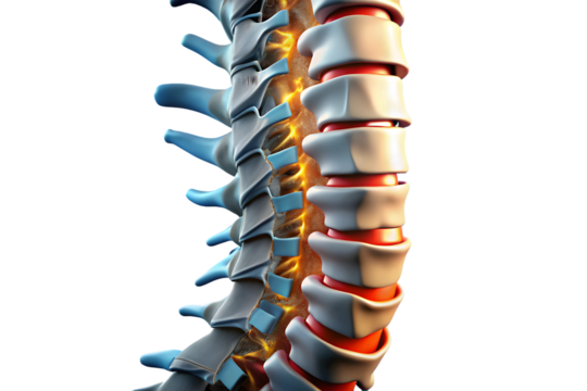 Spine with shattered vertebrae concept of physical discomfort 3d render isolated on transparent background PNG icon