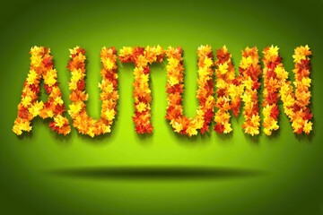 The word Autumn, made in 3D style filled with autumn leaves on green background