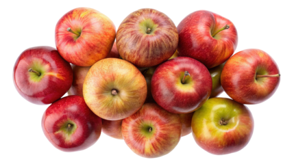 A vibrant collection of freshly picked red and yellow apples arranged in a cluster isolated on transparent background