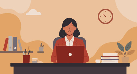 Businesswoman working on laptop in modern office - ideal for website banners, presentations, or marketing materials.