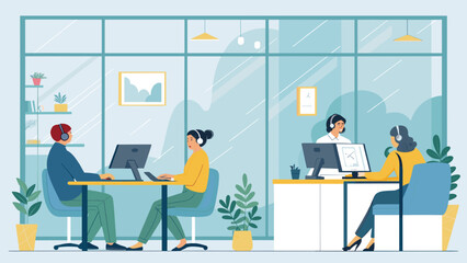 Modern office workers collaborating on project, perfect for website or presentation.