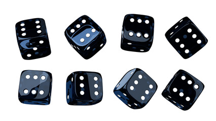 Dark blue dice set on isolated background. Random rolling dice cubes. Glossy roll cubes for gamble games. 3d rendering
