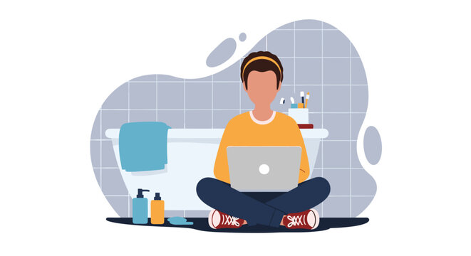 Person working on laptop in bathroom, ideal for blog posts about work-life balance or remote work.