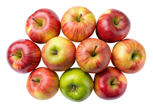 A vibrant assortment of fresh red and green apples arranged in a circular pattern isolated on transparent background