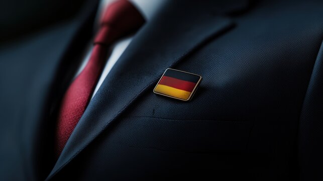 A close-up of a badge with the German flag is attached to the lapel of a dark suit with a red tie. The black, red and gold tricolor symbolizes unity, freedom and democracy.