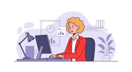 Businesswoman working on computer, analyzing graphs. Ideal for website banners, presentations, and marketing materials.