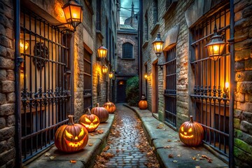Halloween pumpkins illuminate a narrow cobblestone alleyway with old buildings