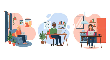 Diverse people working remotely from home, perfect for illustrating work-from-home concepts, blog posts, or website landing pages.