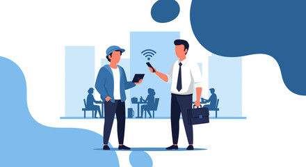 Wireless Payment Transaction: Modern Businessmen Using Mobile Devices for Seamless Payment, Ideal for Fintech Landing Pages and Presentations