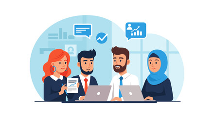 Diverse business team collaborating on project, ideal for website landing page or presentation.