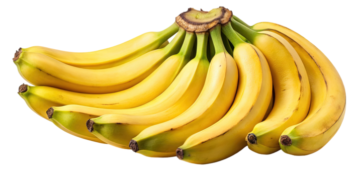 A bunch of ripe yellow bananas with green tips showing healthy freshness and natural sweetness isolated on transparent background