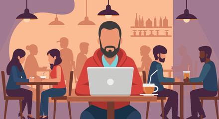 Man working on laptop in a busy cafe, perfect for blog posts about remote work or coffee shop culture.