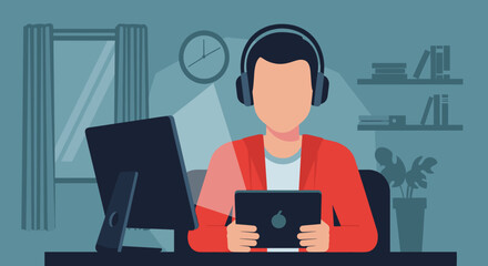 Person working from home on tablet and computer, perfect for remote work and online learning illustrations.