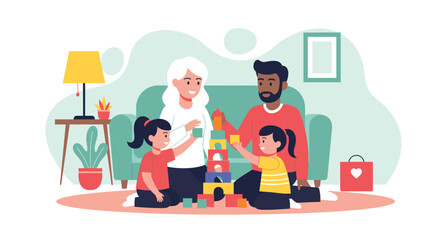 Happy family playing with building blocks together at home, perfect for family blogs or parenting websites.