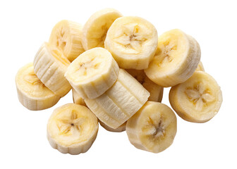 A pile of freshly sliced ripe yellow banana pieces arranged in a circular cluster on a plain black background isolated on transparent background