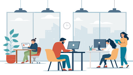 Modern office workers collaborating on projects, ideal for website banners or company brochures.