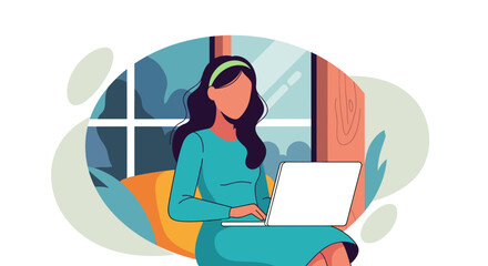 Woman working on laptop near window, ideal for website banners or blog posts about remote work.