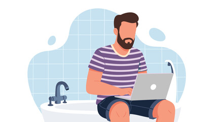 Man working on laptop in bathtub, illustration for blog post about remote work or unusual workspaces.