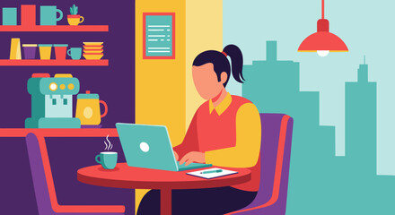 Person working on laptop in a cafe, perfect for website banners or blog posts about remote work.