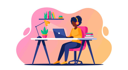 Woman working from home at her desk, perfect for remote work, freelance, and online learning websites.