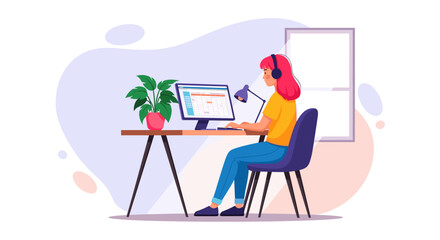 Young woman working from home, using a computer, perfect for illustrating remote work, telecommuting, or online business concepts.