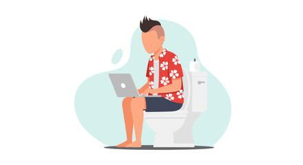 Man working on laptop while sitting on toilet -  Illustration for blog post or website.