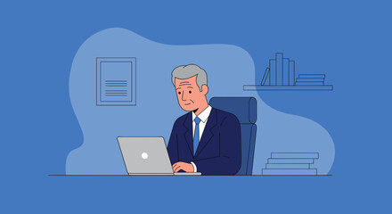Senior businessman working on laptop in office, ideal for business websites and presentations.
