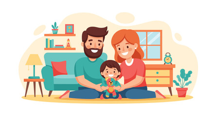 Happy family with young child at home, perfect for family blogs, parenting websites, or insurance brochures.