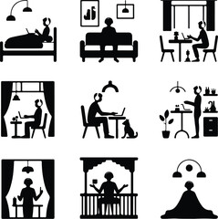 Online Class with Headphones Icon Silhouette Set Student Studying Online with Headphones Silhouette Vector