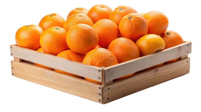 A full wooden crate overflowing with fresh ripe juicy oranges presented in a visually appealing manner isolated on transparent background