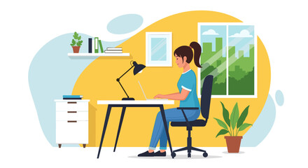 Young woman working from home on laptop, illustration perfect for blogs, websites, and articles about remote work.