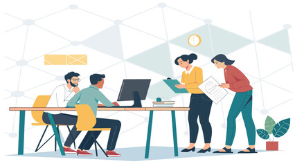 Diverse team collaborating on a project in a modern office. Perfect for website banners, presentations, or marketing materials.