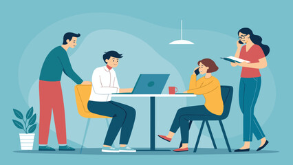 Teamwork and Collaboration: Diverse team working together in a modern office setting. Ideal for business presentations and websites.