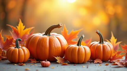 Bright orange pumpkins with vivid maple leaves on table in warm sunlight. Autumn still life, for Thanksgiving, harvest themes, seasonal decor and fall celebration concepts
