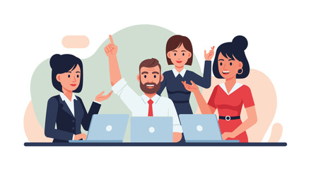 Happy diverse business team collaborating on laptops. Ideal for websites, presentations, and marketing materials.