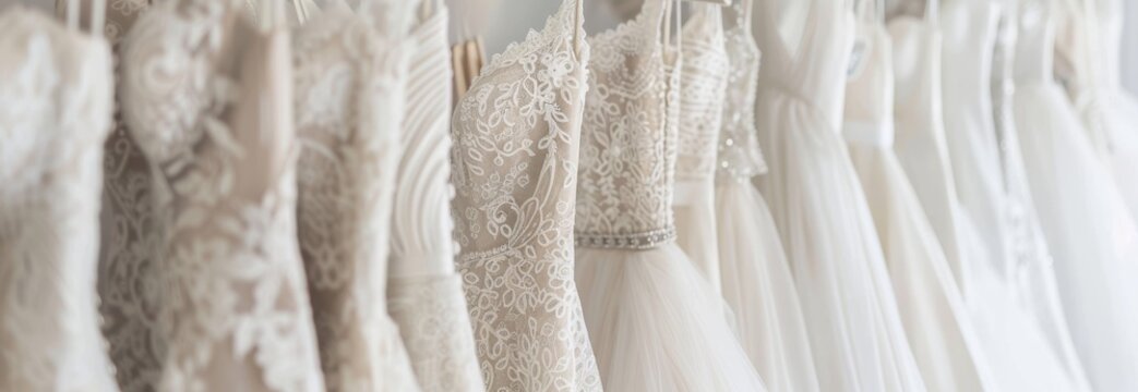 Elegant wedding dresses hanging in a row with intricate lace and tulle details for bridal selection. concept of bridal fashion, wedding ceremony, elegant wedding dress collection, copy space , banner - Powered by Adobe