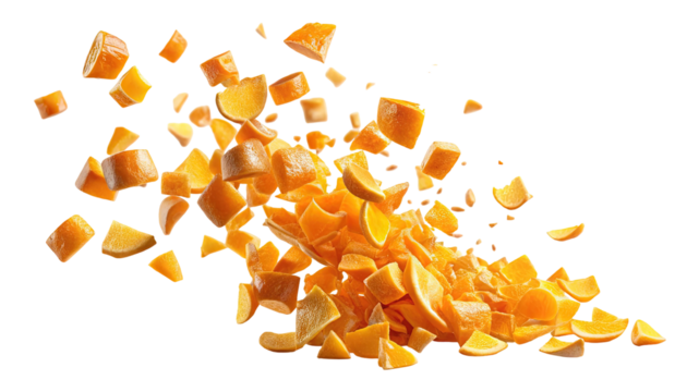 Dynamic explosion of bright orange citrus fruit peel fragments frozen in mid air isolated on transparent background
